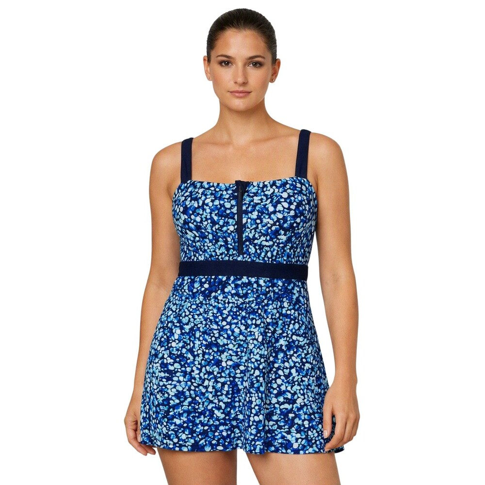 Lands' End Women's Zip Front One Piece Swim Dress XS 2-4 Blue Mosaic Pebble